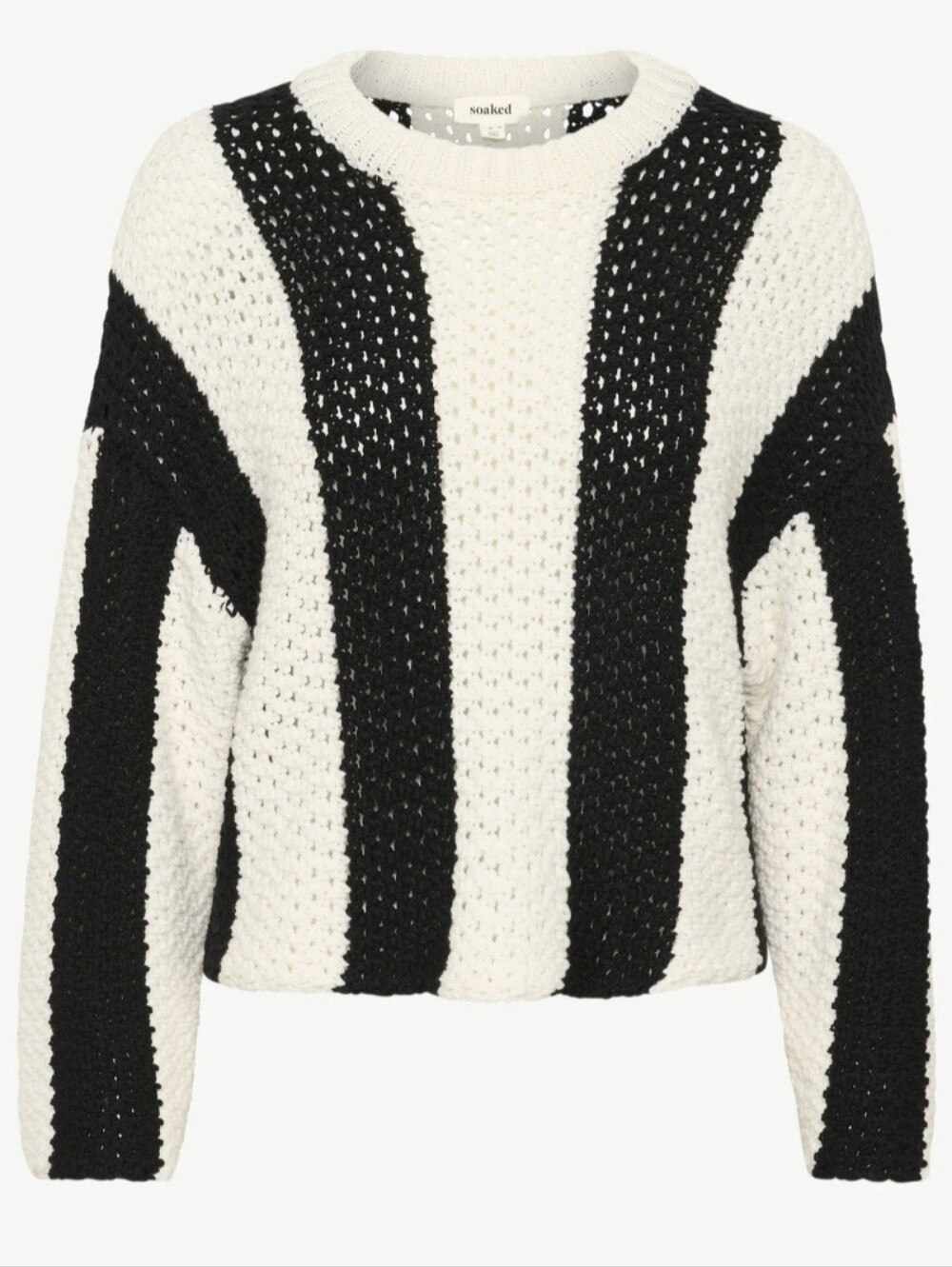Striped Crochet Crew Sweater - Black & White Small